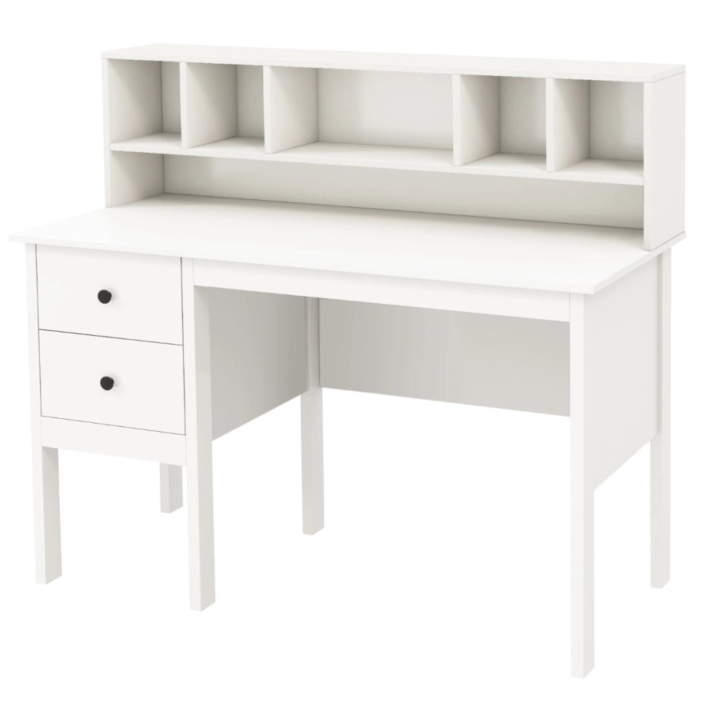 Scrivania per computer con prese elettriche, Scrivania da 120cm con 5 vani e 2 cassetti porte USB Bianco
