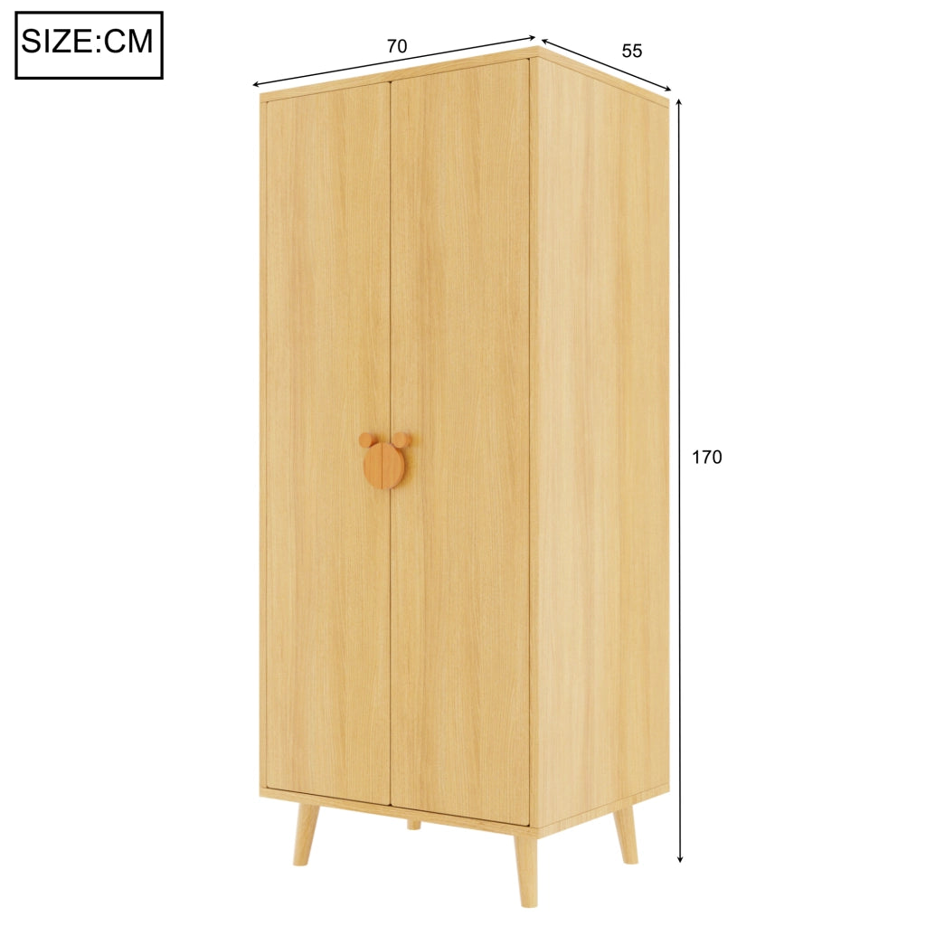 Scaffale a doppia anta con ampi vani interni e maniglie a forma di cartone in MDF colore legno 70 × 55 × 170 cm
