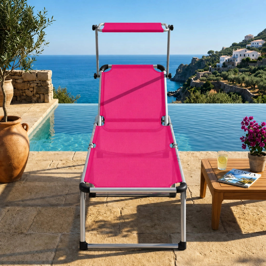 Lettino Pieghevole Prendisole Con Tettuccio Parasole Schienale Reclinabile Regolabile in 6 Posizioni Sedia Sdraio Per Spiaggia Mare Giardino Piscina 187 x 59 x 29 Cm Rosa