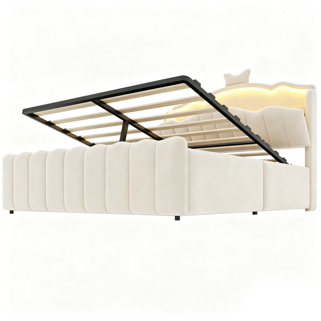 Letto imbottito per bambini 140 x 200 cm con contenitore idraulico; LED e prese USB; beige