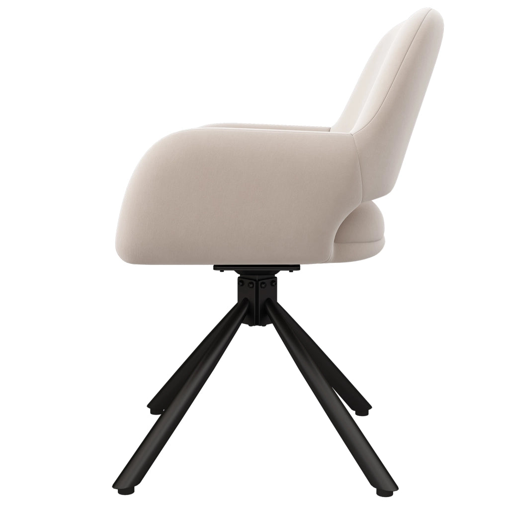Set di 4 sedie da pranzo girevoli in velluto beige con braccioli, struttura in metallo