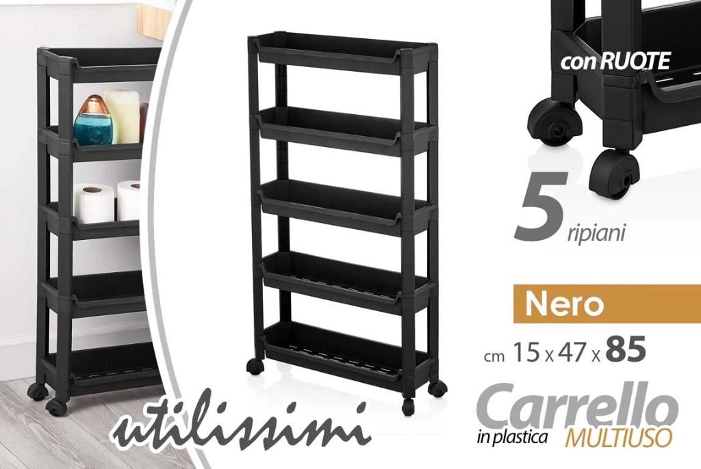 Carrello Portaverdure in Plastica Slim 5 Piani Nero 47 x 15 x 85 cm