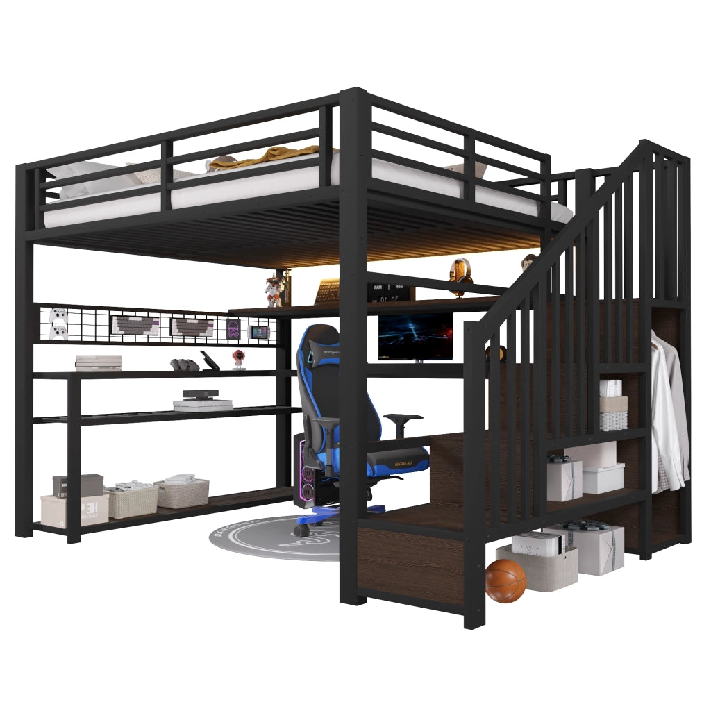 Letto a Soppalco 140x200 cm; Letto Singolo - LED RGB; Scrivania; Armadio e Contenitore - Nero