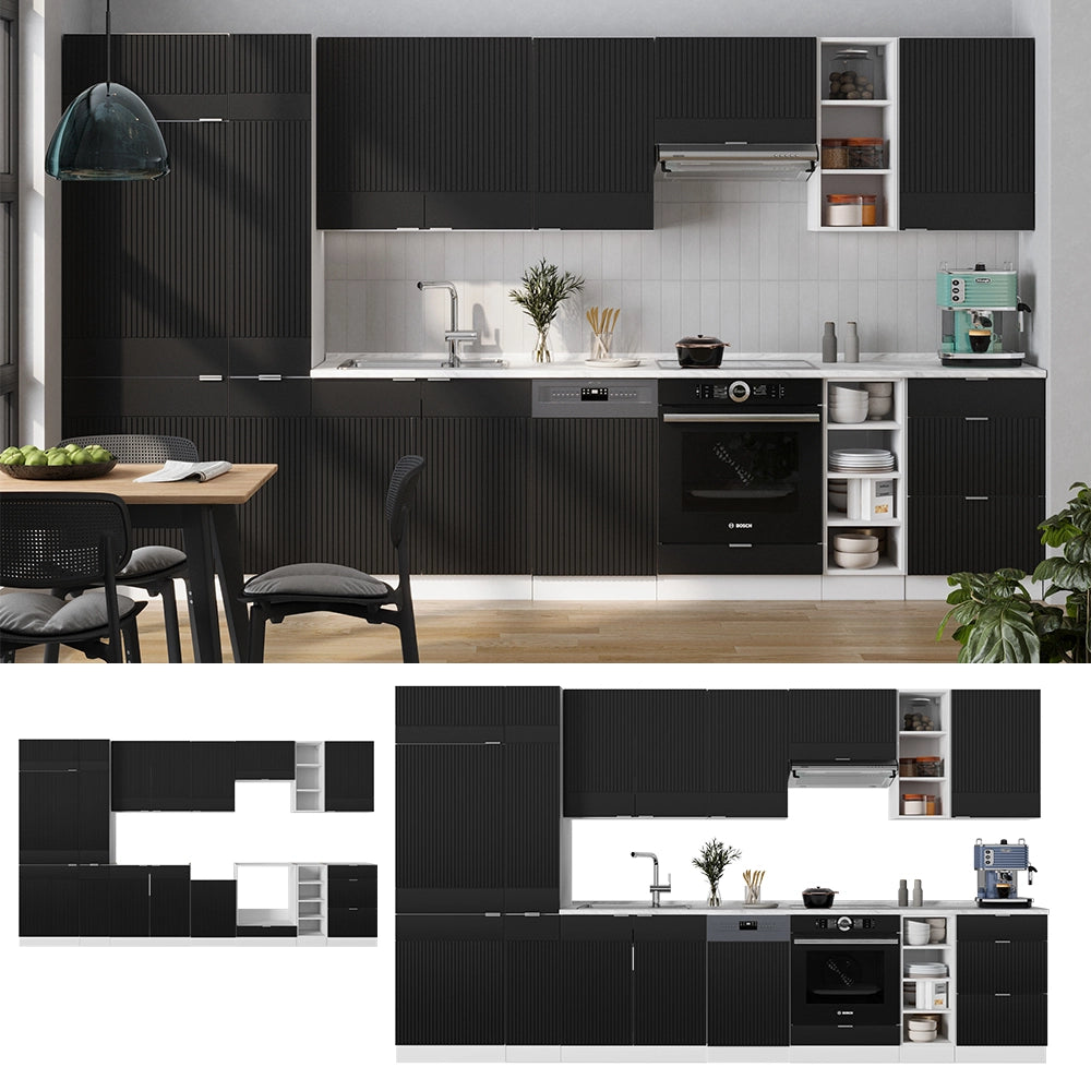 Cucina componibile Fame-Line Nero rigato/Bianco 355 cm, PL Marmo Vicco