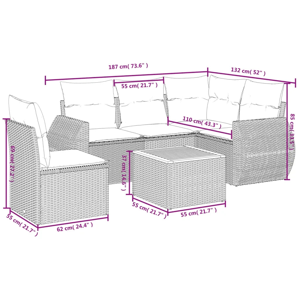 Set Divano da Giardino 6 pz con Cuscini Nero in Polyrattan 3225006