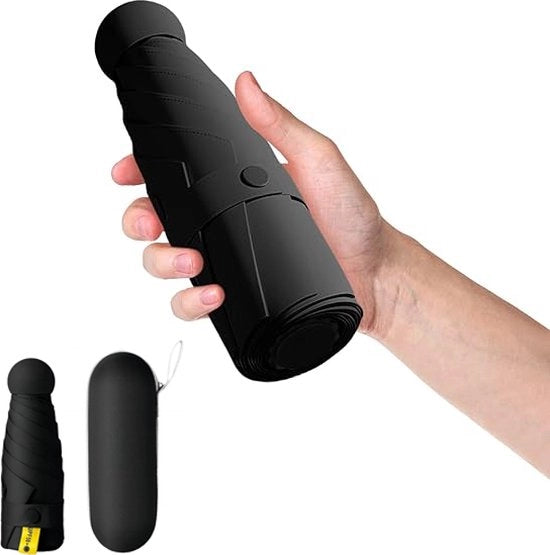 Paraplu Opvougbile - Mini Paraplu per Tempesta - Mini Ombrello - Impermeabile - Sfida ai Raggi UV con SPF 50+ - Compatto e Portatile - 8 Fili - Resistente e Extra Leggero - Paraplu da Viaggio - Nero - Capsule Extra