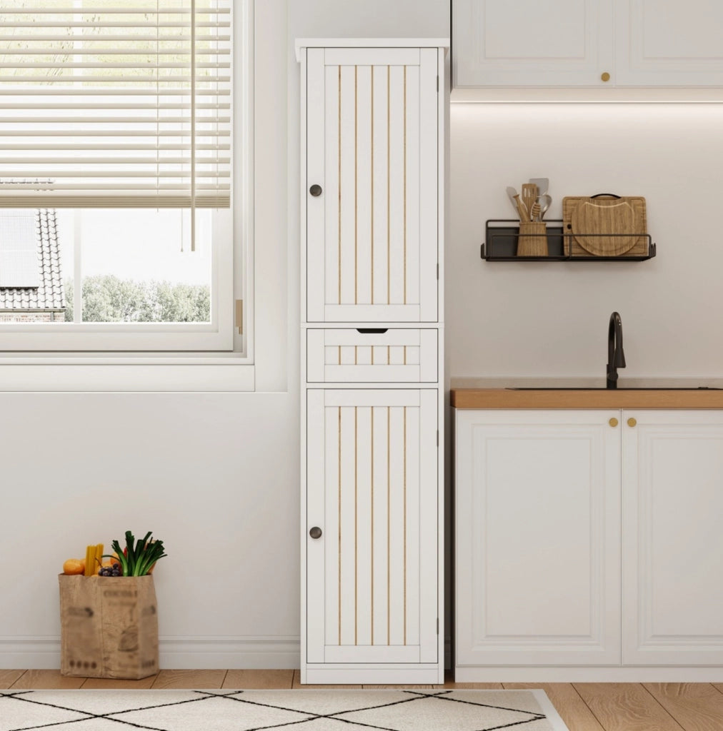 Mobile dispensa da cucina 170x40x30 cm in MDF bianco con 4 ripiani regolabili e sistema antiribaltamento