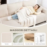 Divano con Penisola a 3 Posti in Tessuto Effetto Velluto, Schiuma e Nylon, 241x153x83 cm, Bianco Crema