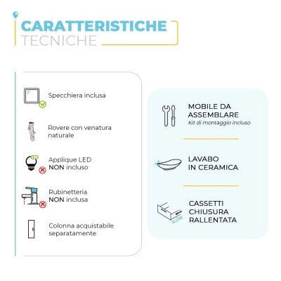 Mobiletto bagno a terra 80 cm 2 cassetti serie Oasi rovere con specchio e lavabo