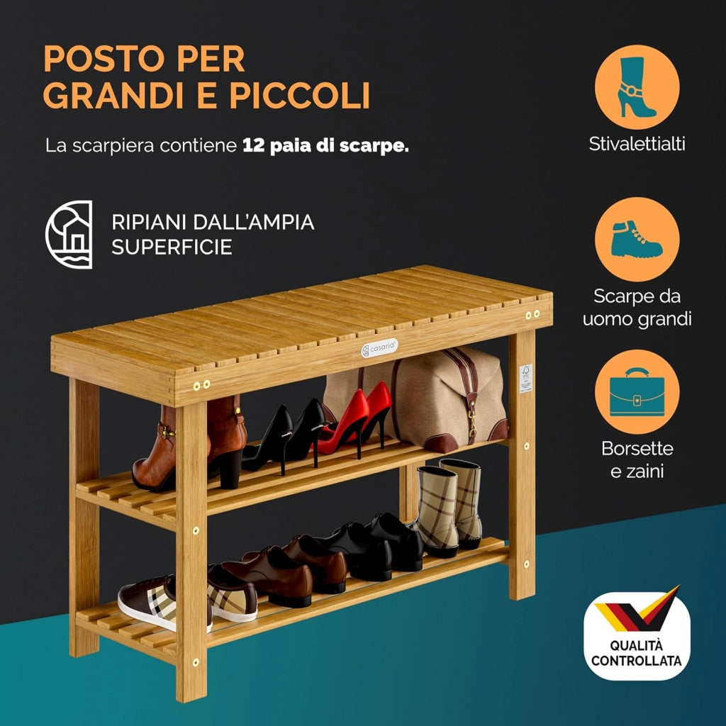 ® Scarpiera con Seduta in Legno Capacità 160 kg Certificata FSC® Acacia 3 livelli Panca Bagno Corridoio Marrone