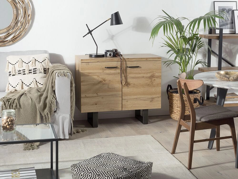 Madia credenza a 2 ante in legno chiaro base in metallo a slitta grigia in alluminio con ripiani Mobile contenitore per la casa industriale