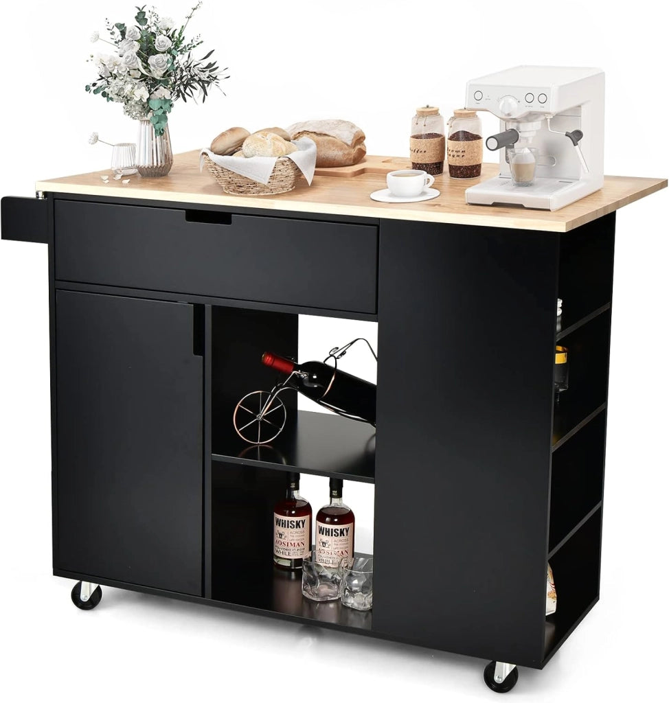 Carrello da cucina con isola, carrelli di servizio rotabili in legno con lama, cassetto, portasciugamani e porta spezie, multiuso con ruote, per cucina e sala da pranzo