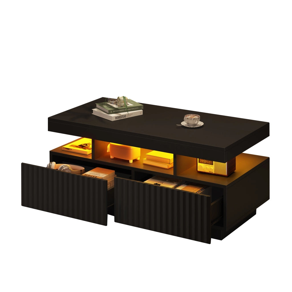 Tavolino basso con 2 cassetti e vano aperto led controllato da app per soggiorno in truciolato nero 100 × 50 × 45 cm