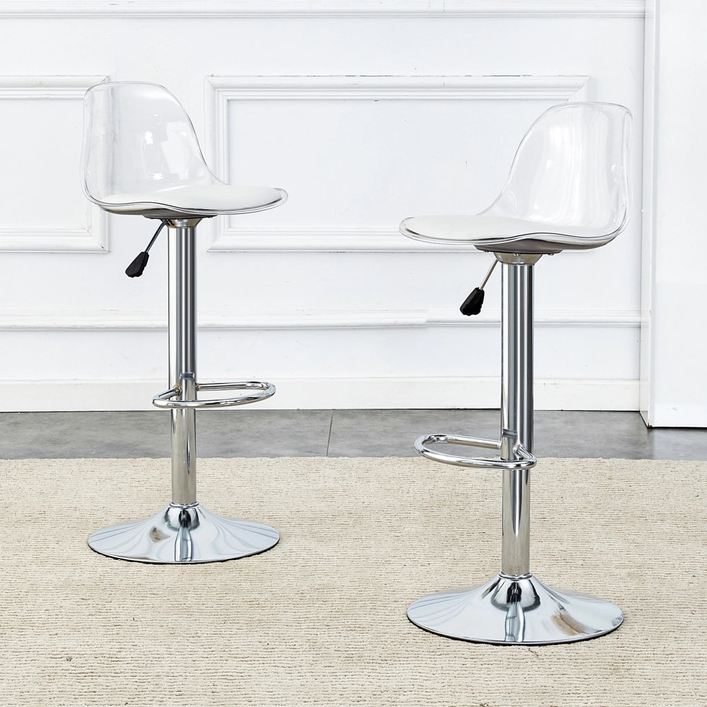 Set di 2 Sgabelli da Bar; Altezza Regolabile; Seduta Girevole; Schienale Trasparente; Poggiapiedi; Metallo e Plastica; Bianco e Argento