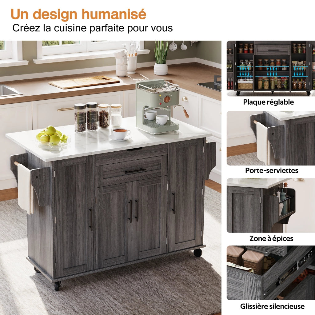 Carrello da cucina con 4 ante; 2 cassetti; ripiani regolabili; portasciugamani e portaspezie; 136 x 70 x 92 cm