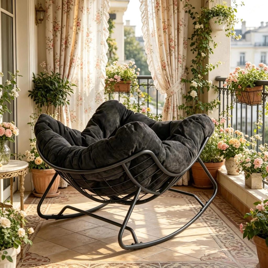 Poltrona a dondolo in ciniglia nera 91x102，5x77 cm per salotto e balcone