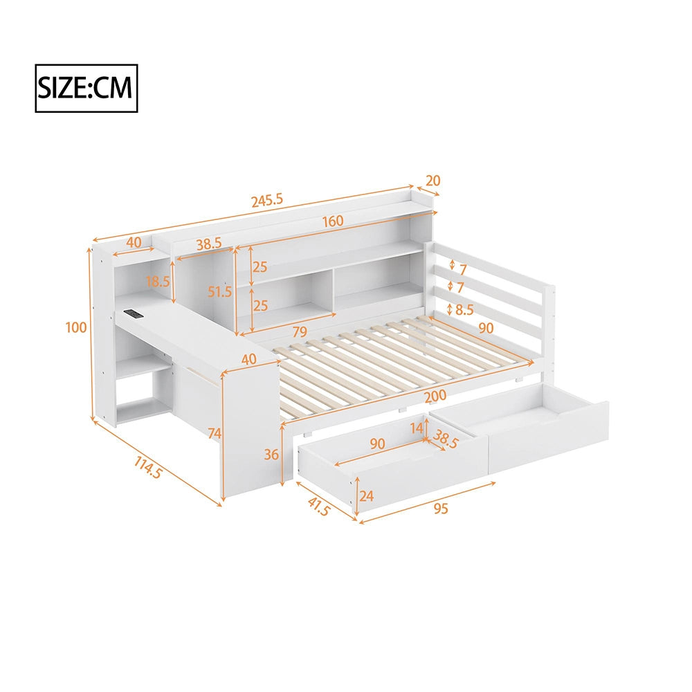 Divano letto-Xylo-90x200 cm-libreria, 2 contenitori, presa, legno bianco