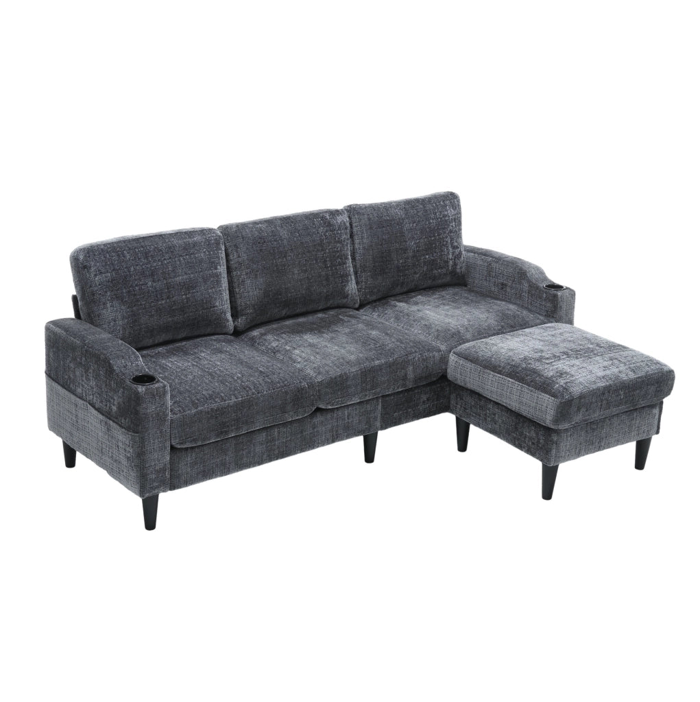 Divano 4 posti 196.5x75x77 cm con pouf contenitore; braccioli con porta bicchieri; chenille grigio