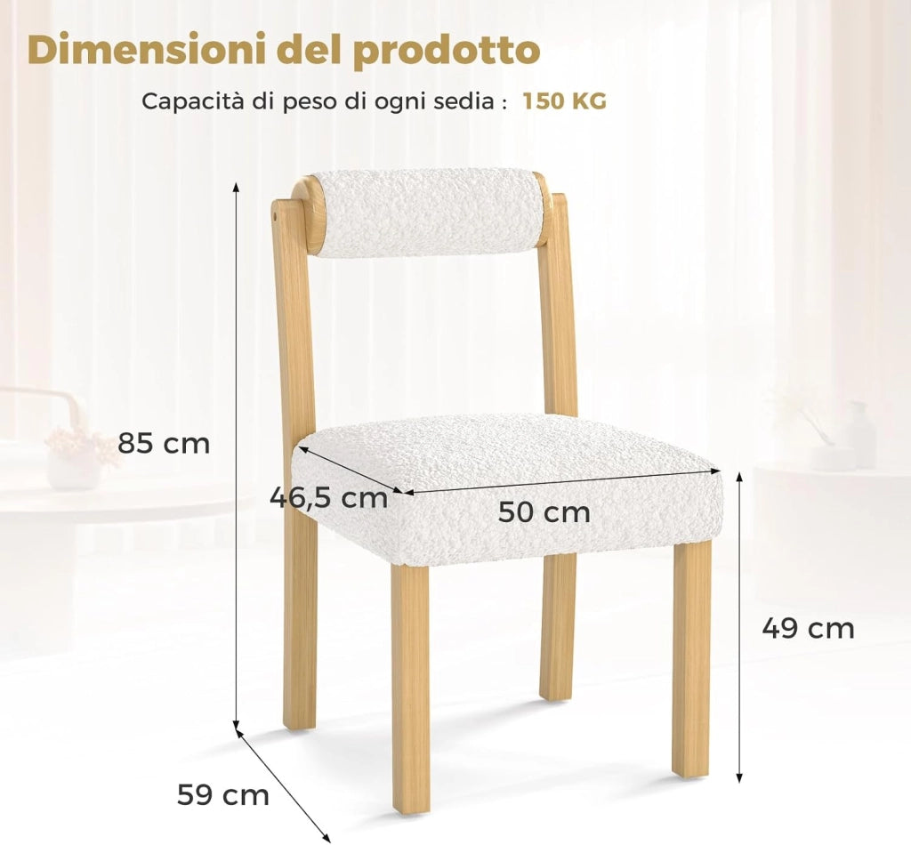 COSTWA Set di 2 Sedie da Pranzo, Sedie con Schienale Cilindrico, Rivestimento e Struttura in Legno di Gomma per Cucina, Sala da Pranzo e Bar