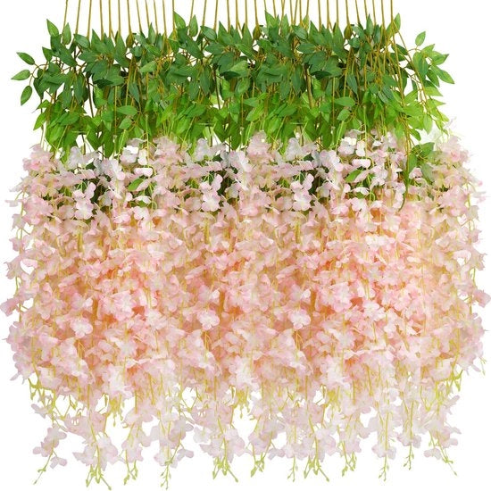 Pacco di 12 fiori artificiali di Wisteria, slancio di Wisteria rosa chiaro, piante artificiali, slancio di fiori di Wisteria in seta pendente per decorazione domestica e di giardino, decorazioni di matrimonio, decorazione di festa.