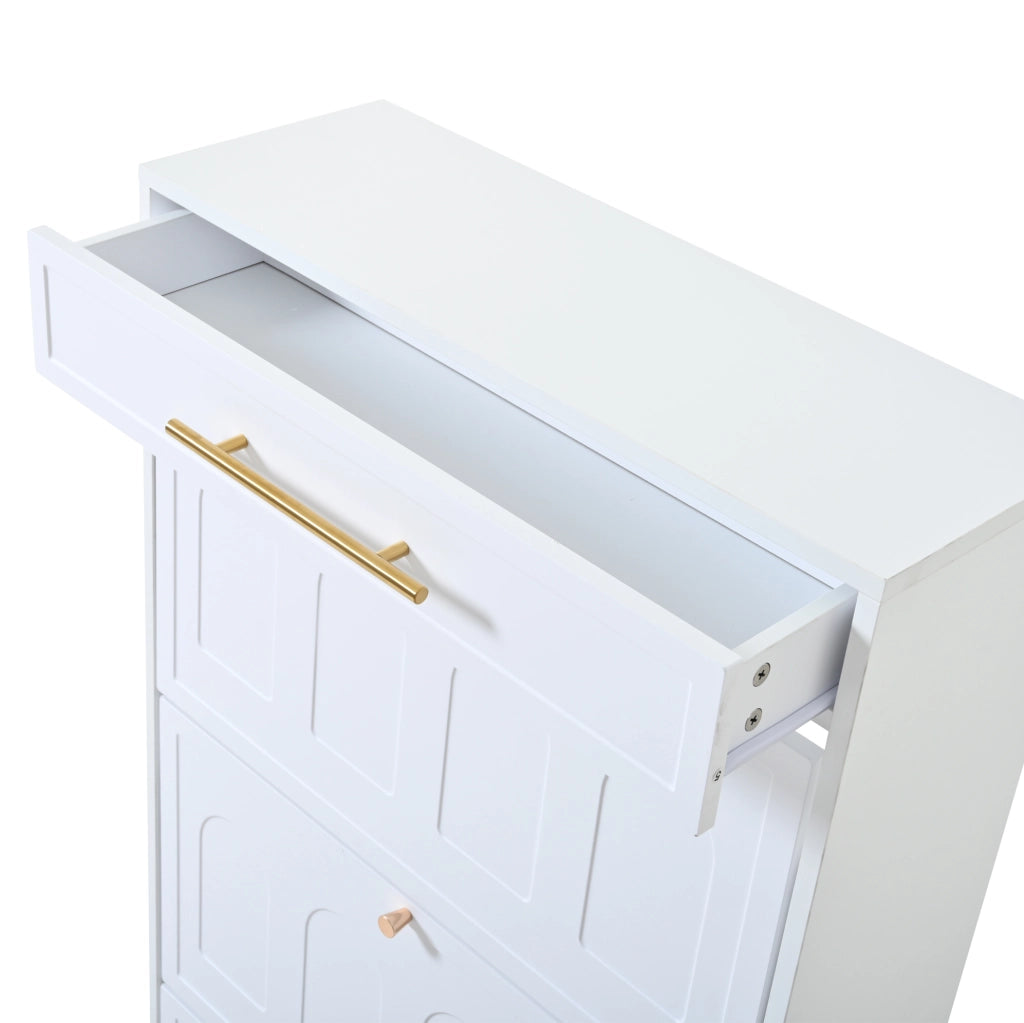 Scarpiera moderna bianca 140x25x123;5 cm in MDF con 12 ripiani aperti e 2 cassetti