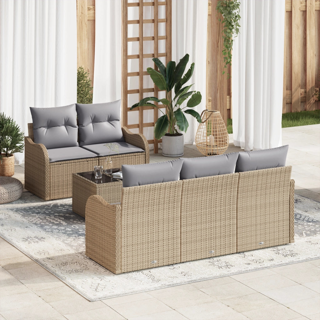 Set Divano da Giardino 6 Pezzi con Cuscini Rattan Poliestere Beige