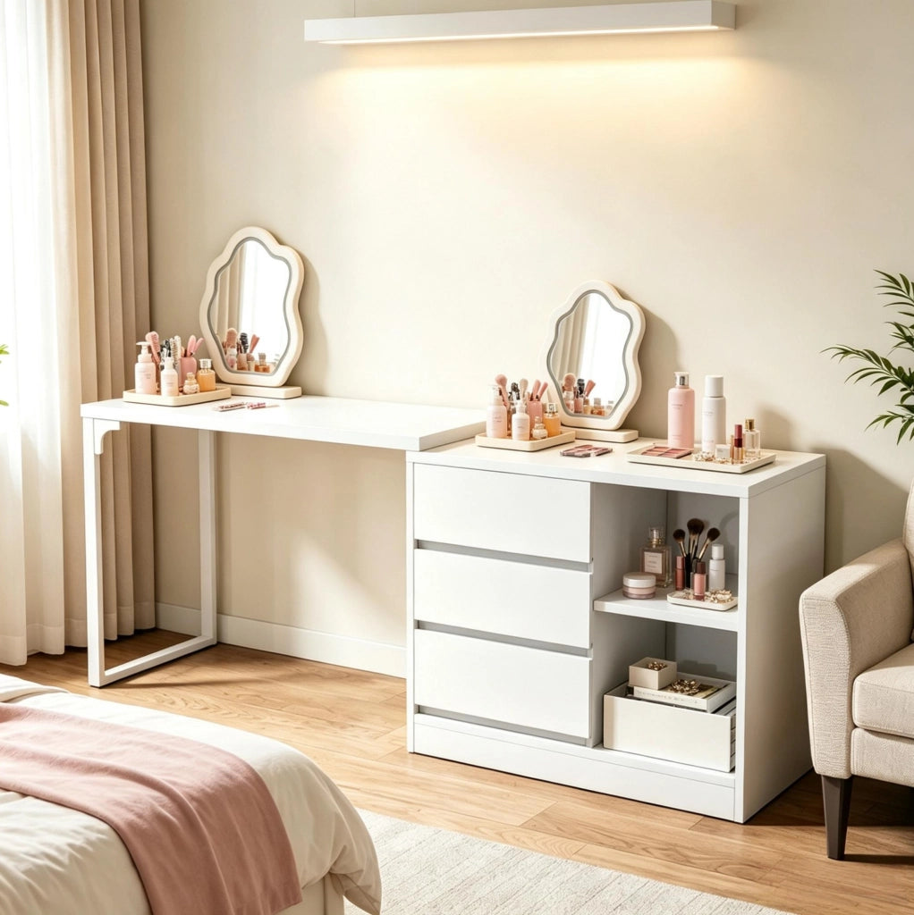 Scrivania angolare a L bianca con cassetti e ripiani, design moderno per ufficio e casa