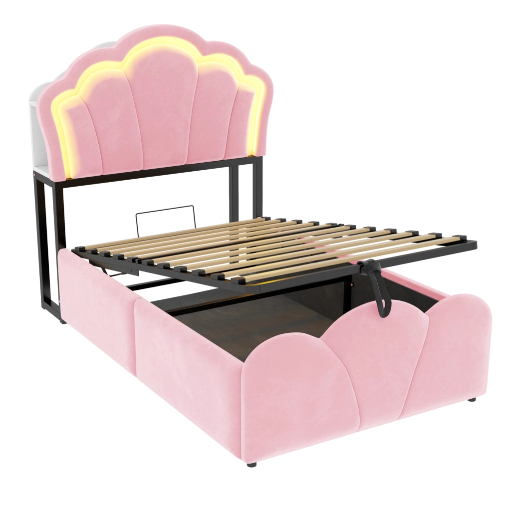 Letto imbottito 90x200 cm con contenitore idraulico, LED e prese integrate