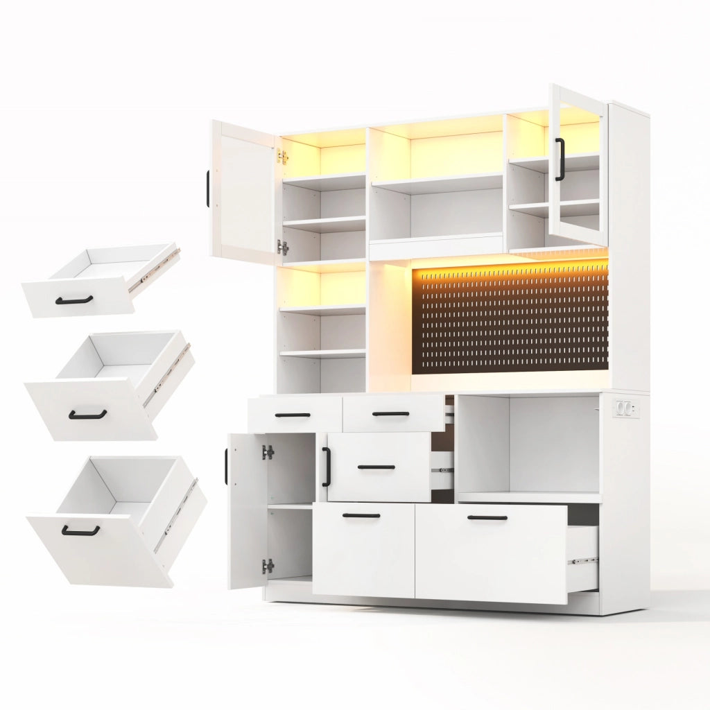 Credenza da cucina con LED RGB, prese e 5 cassetti, ripiani regolabili, per cucina, bianco, 185 × 145 × 40 cm