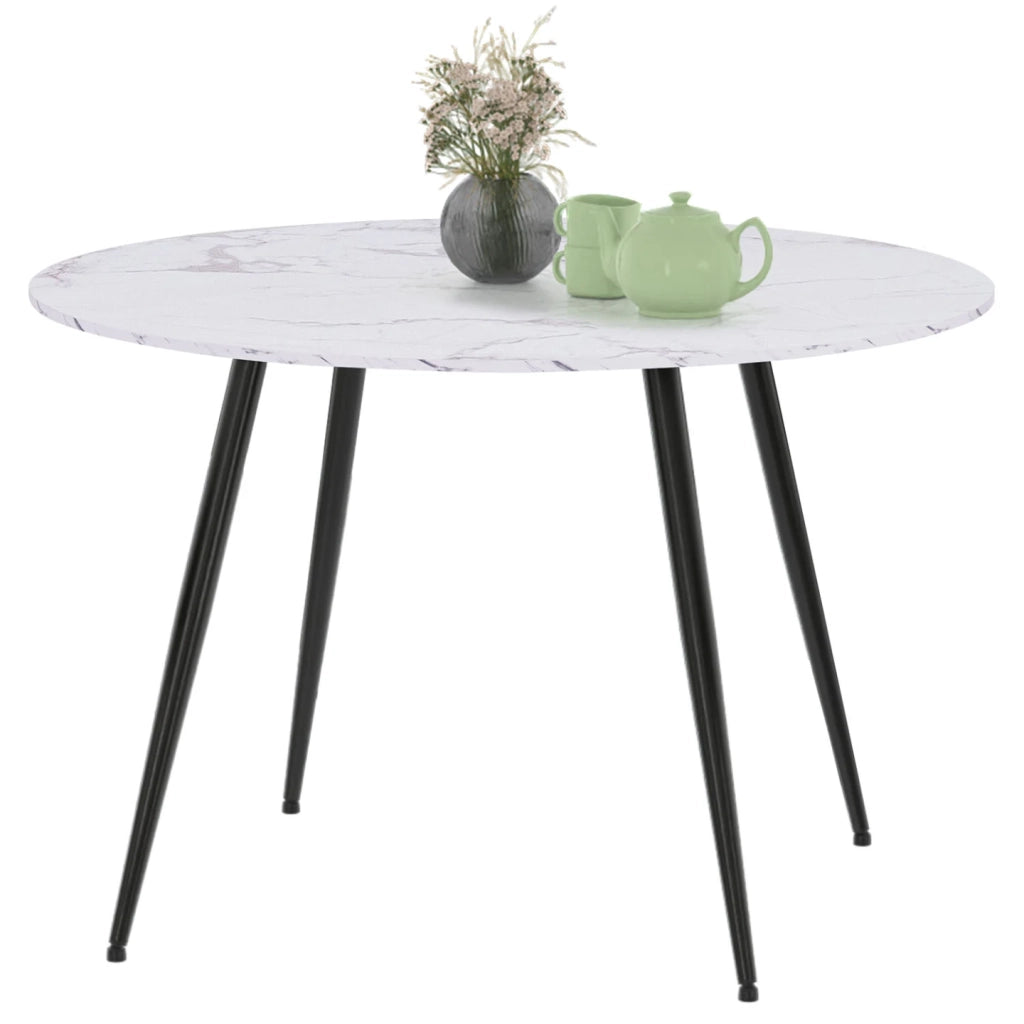 IDMarket - Tavolo da pranzo rotondo per 4 persone AMELIA con gambe in metallo nero effetto marmo bianco ALASKA 110 cm