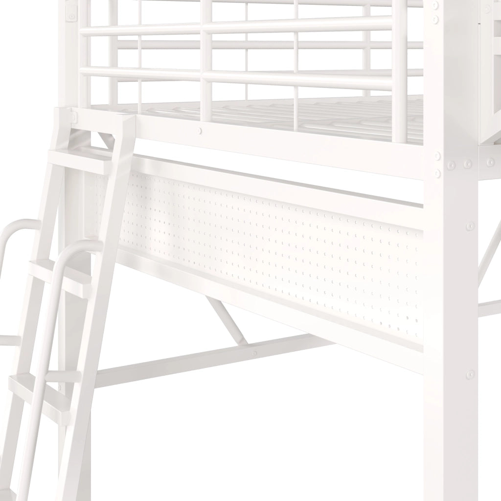 Letto a soppalco 140x200 cm in metallo bianco con vani contenitore e scala reversibile