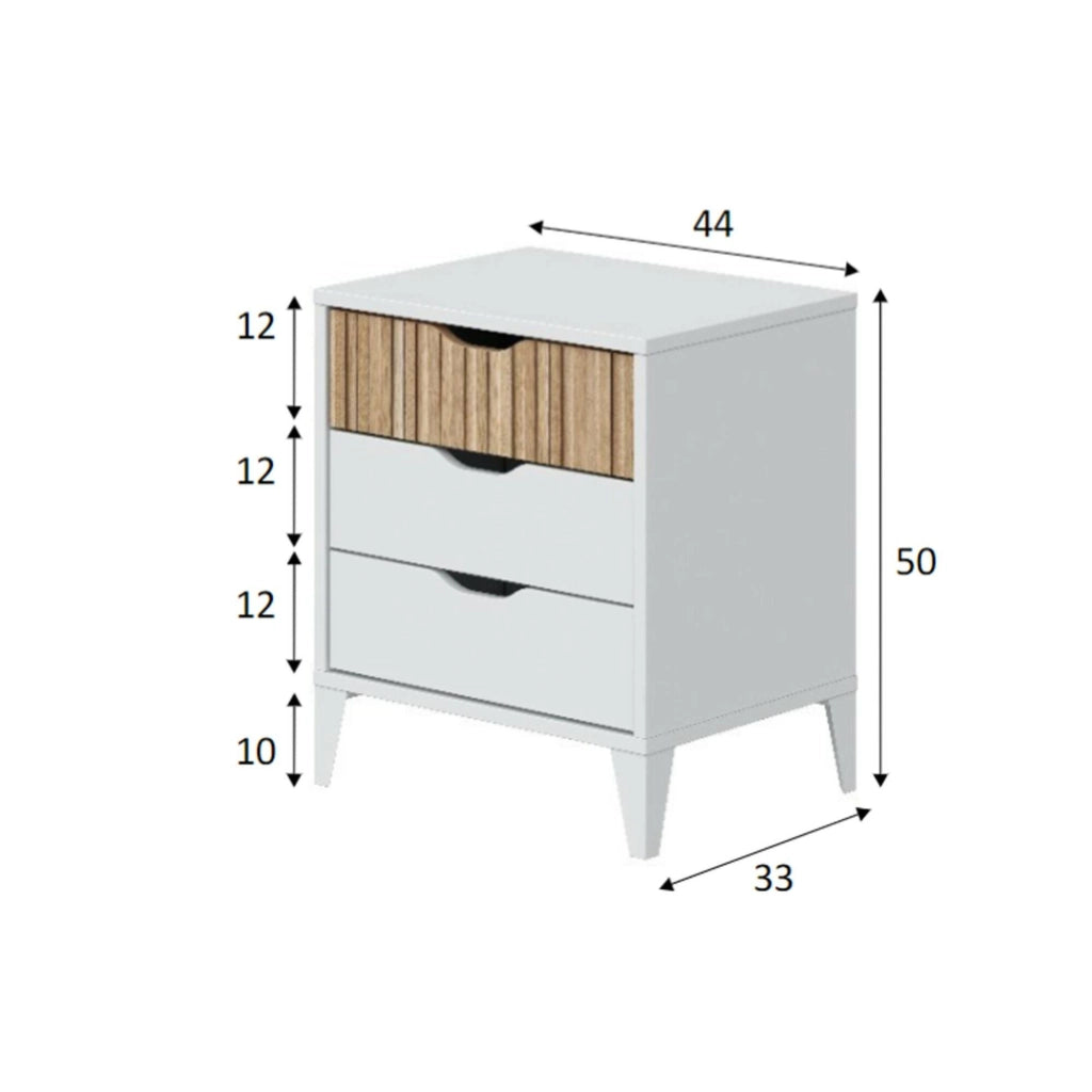 Comodino Jessa, Comò basso, Tavolino da notte, Mensola da letto, 44x33 h50 cm, Bianco e Rovere