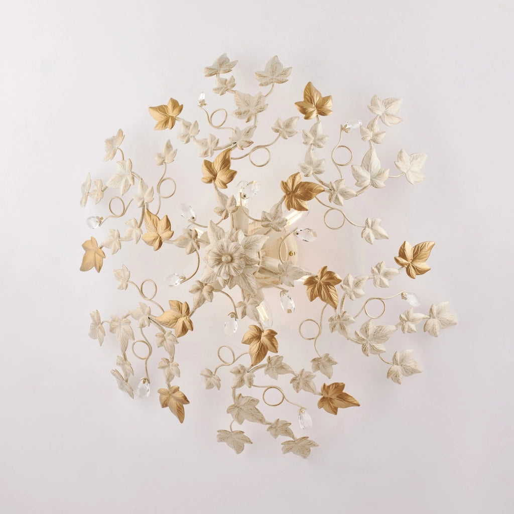 Plafoniera Shabby Edera 6 Luci Ferro Battuto Avorio Oro Con Foglie E Cristalli