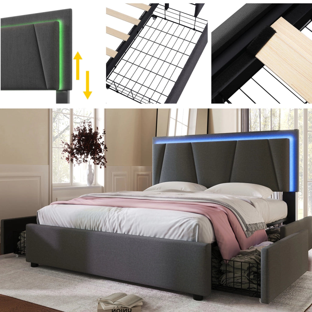 Letto matrimoniale 160x200 cm con contenitore; testiera regolabile; LED e 4 cassetti; grigio