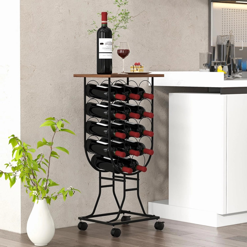 Portabottiglie per Vino per 14 Bottiglie con Ruote Bloccabili, Scaffale per Vino, Organizer per Bottiglie in Stile Rustico, per Bar, Cucina, Sala da Pranzo, 38 x 30 x 76 cm