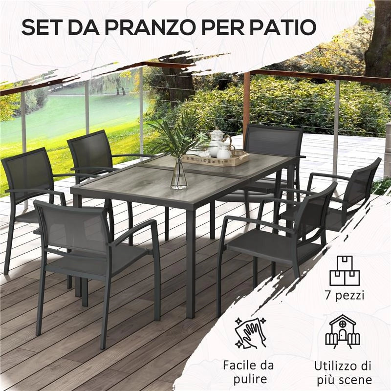 SET DA GIARDINO CON 6 SEDIE IMPILABILI IN TESSUTO A RETE E TAVOLO EFFETTO LEGNO, GRIGIO