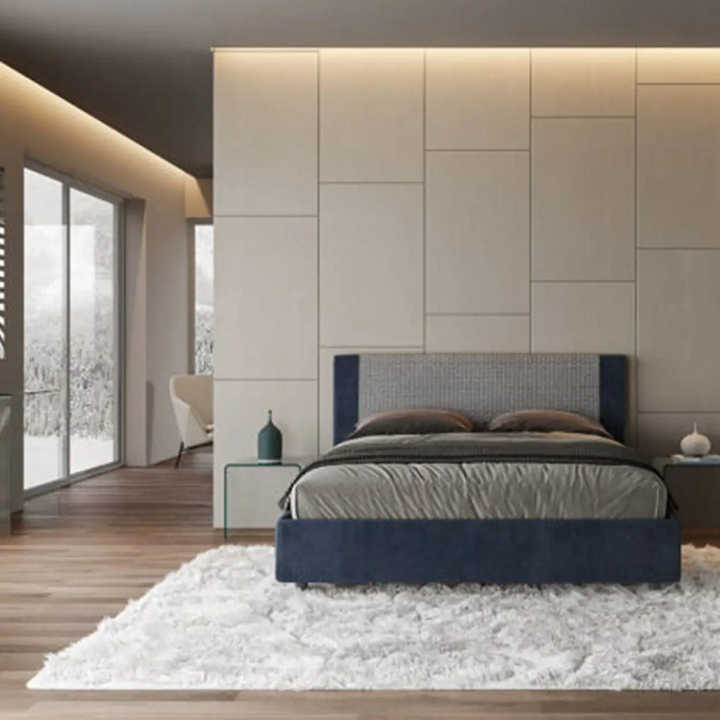 Letto matrimoniale con rete imbottito 160x210 tessuto Labirinto 9 blu Rosal