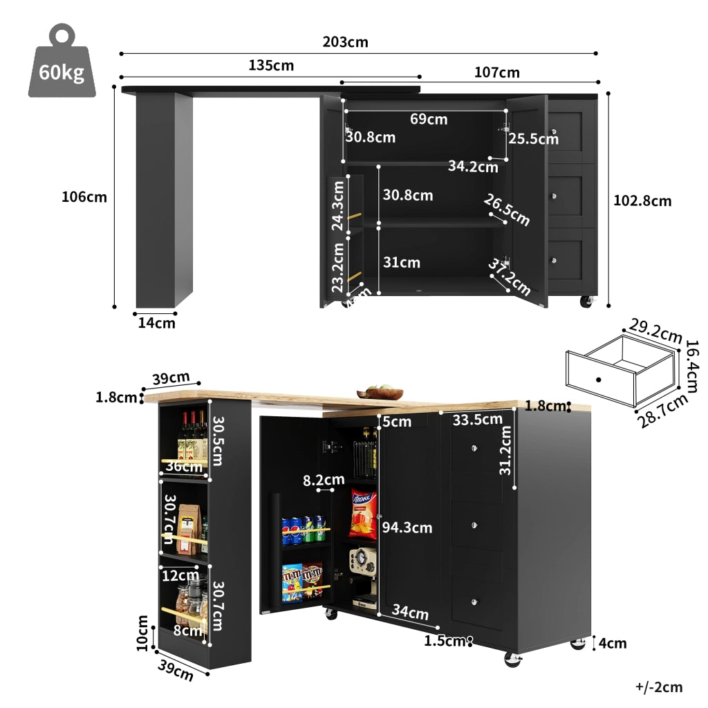 OKWISH Mobile Bar con 2 Ante 3 Cassetti e 3 Ripiani, Girevole a 360° e con Ruote, per Cucina e Sala da Pranzo, Nero