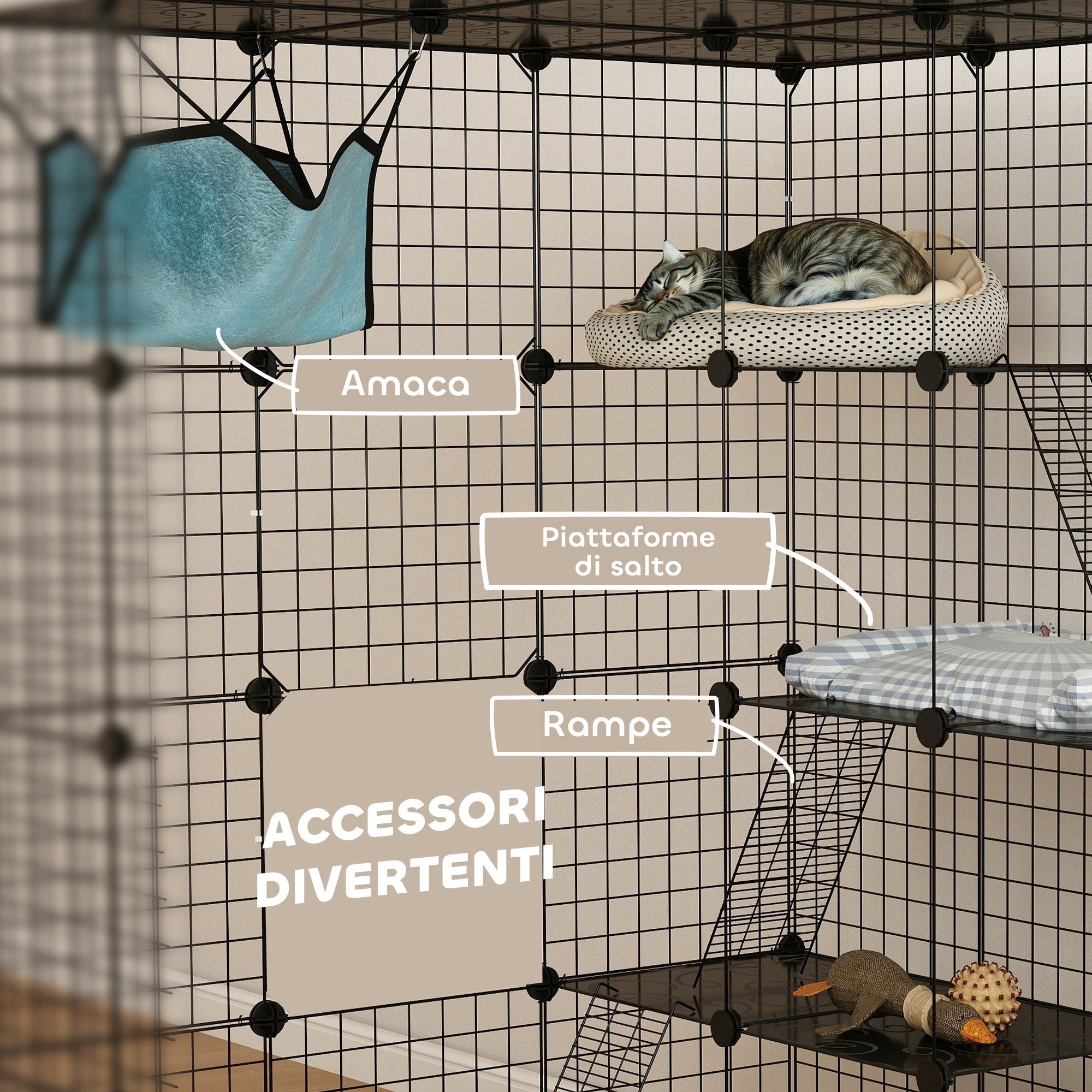 Box Recinto per Gatti Modulabile a 4 Livelli 105x105x140 cm 5 Ingressi e Rampe in Acciaio e PP Nero