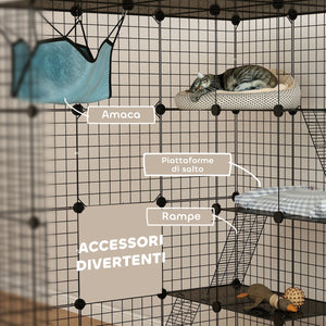 Box Recinto per Gatti Modulabile a 4 Livelli 105x105x140 cm 5 Ingressi e Rampe in Acciaio e PP Nero