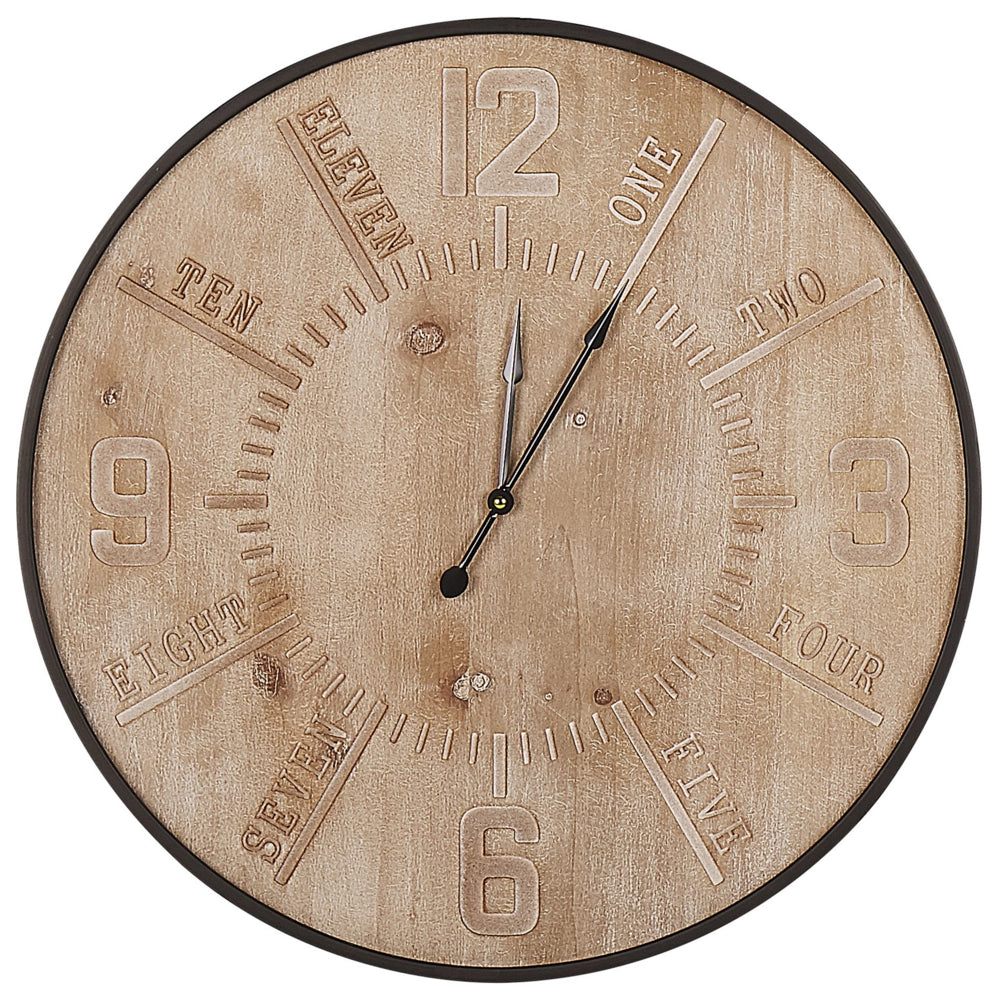 Orologio da parete rotondo con struttura in ferro dorato design retrò MDF 60 cm quadrante in legno chiaro