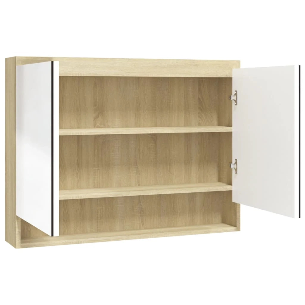 Mobiletto con specchio da bagno 80 x 15 x 60 cm bianco e rovere MDF 02_0006716