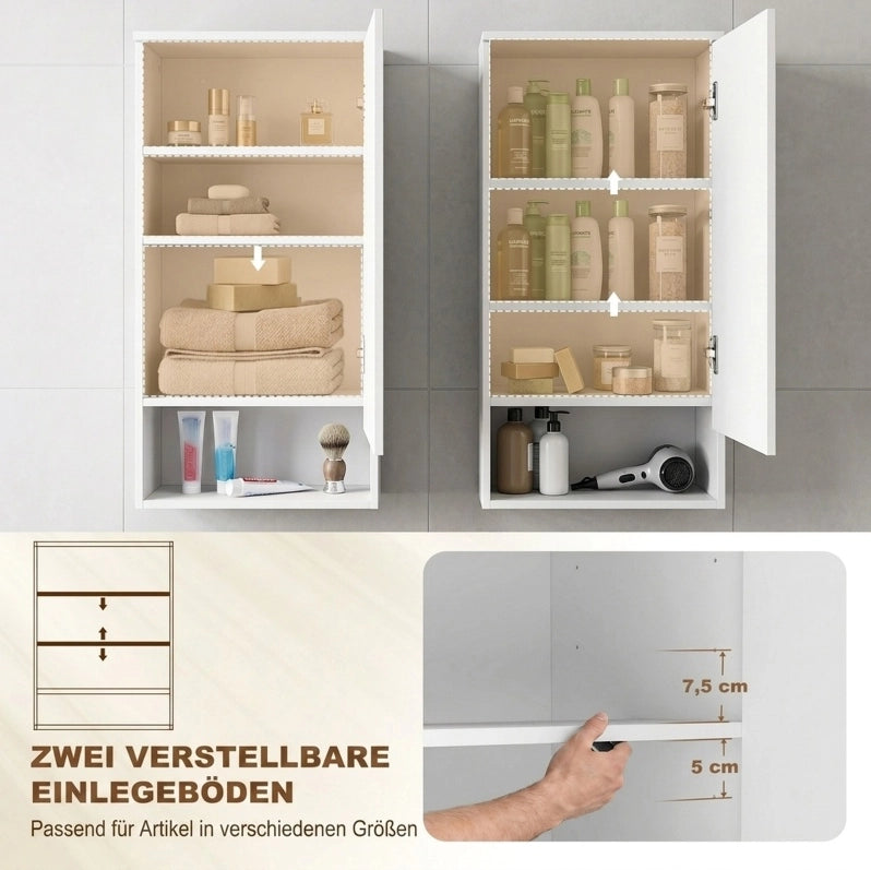Mobile bagno sospeso bianco con anta, ripiani regolabili e vano aperto