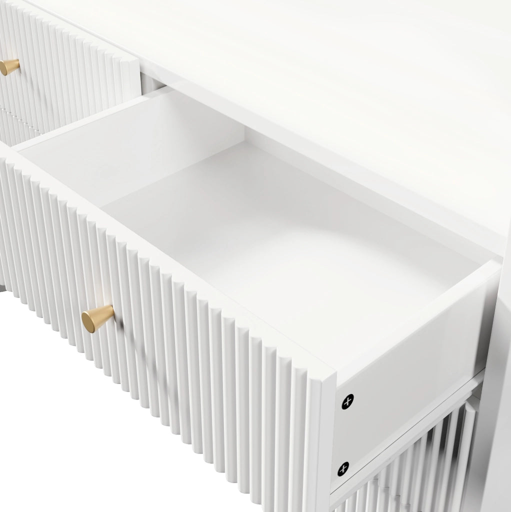 Credenza ULEVR 120x40x75 cm con LED, vano aperto e 6 cassetti, bianca