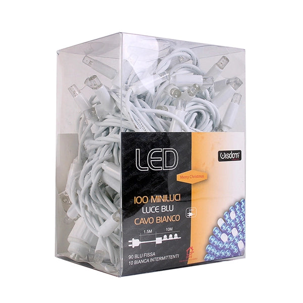 CATENA LUMINOSA PROFESSIONALE 100 MEXI-LED 10M LUCE BLU FISSA E BIANCA FLASH - ESTENDIBILE FINO A 200M PER DECORAZIONI ESTERNE DI ALTA QUALITA'
