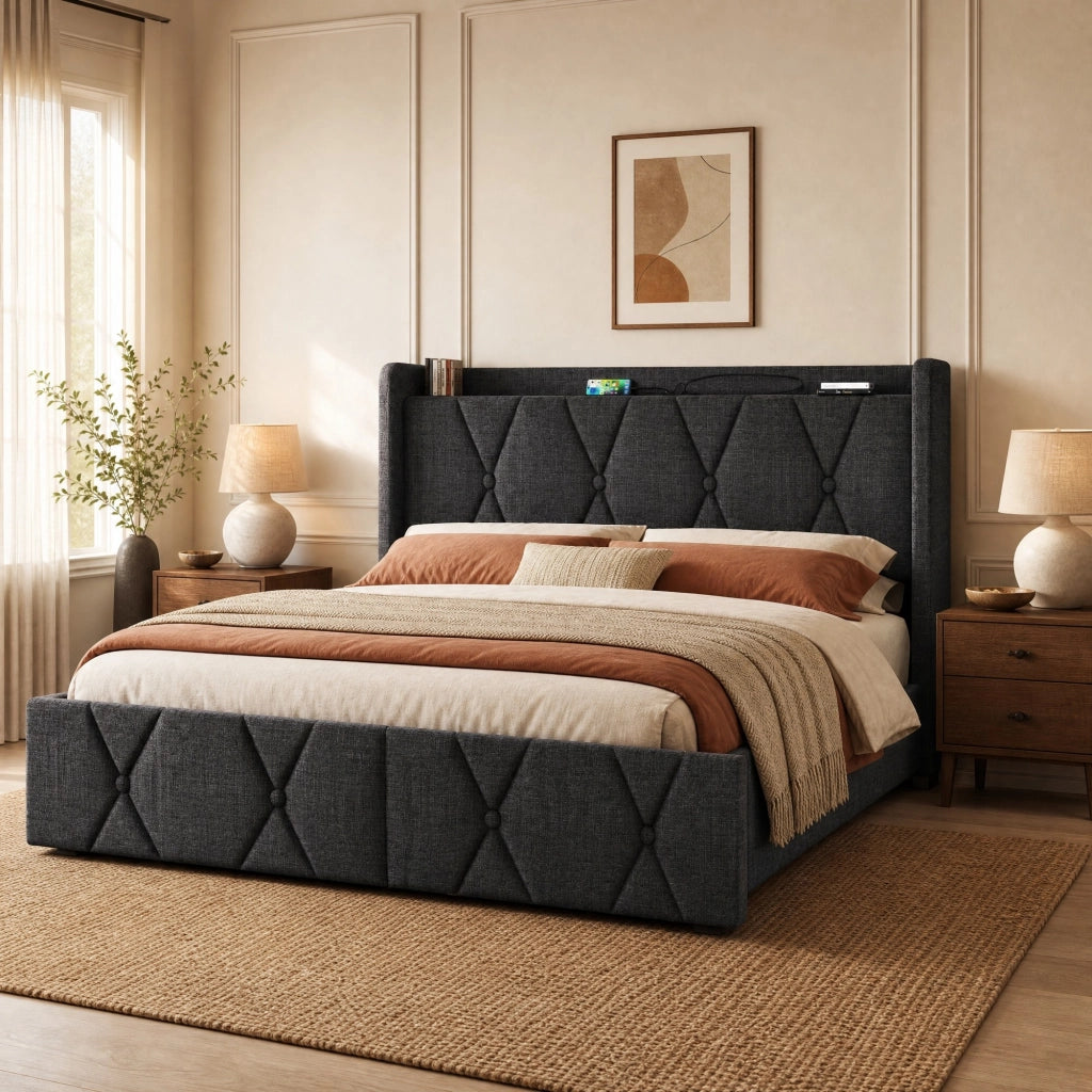 DESMIU Letto con 4 cassetti 140 × 200 cm 2 posti con USB, prese, senza materasso, grigio