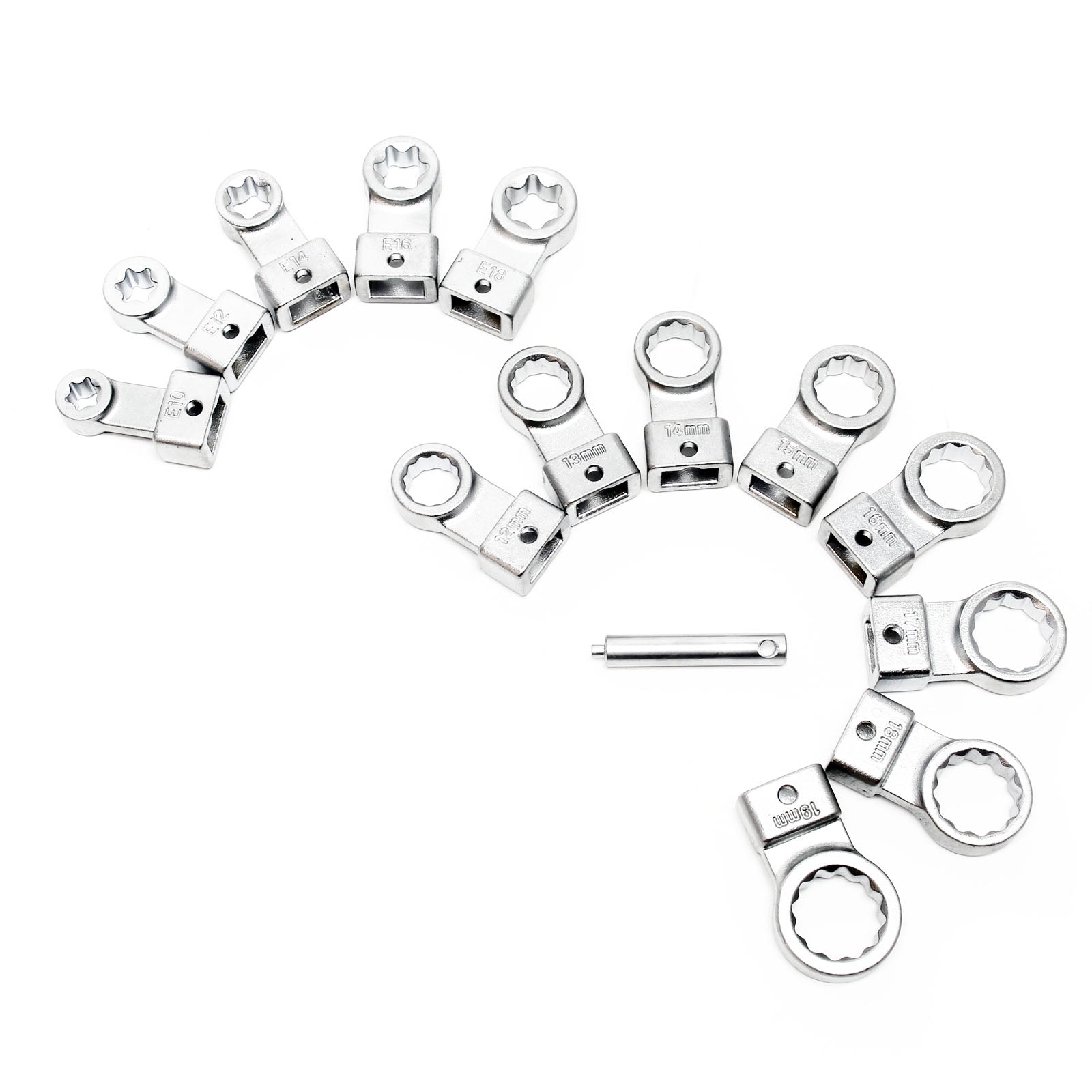 Set di chiavi a rulli di tensione con 13 attacchi, tra cui otto 12 lati da 12-19 mm e cinque profili E con pratica valigetta