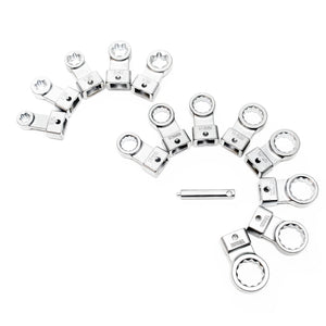 Set di chiavi a rulli di tensione con 13 attacchi, tra cui otto 12 lati da 12-19 mm e cinque profili E con pratica valigetta