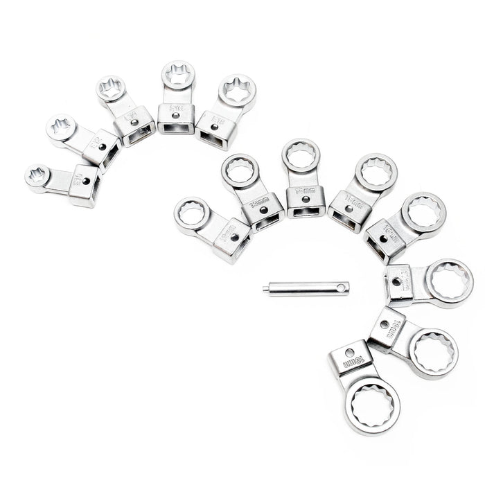 Set di chiavi a rulli di tensione con 13 attacchi, tra cui otto 12 lati da 12-19 mm e cinque profili E con pratica valigetta