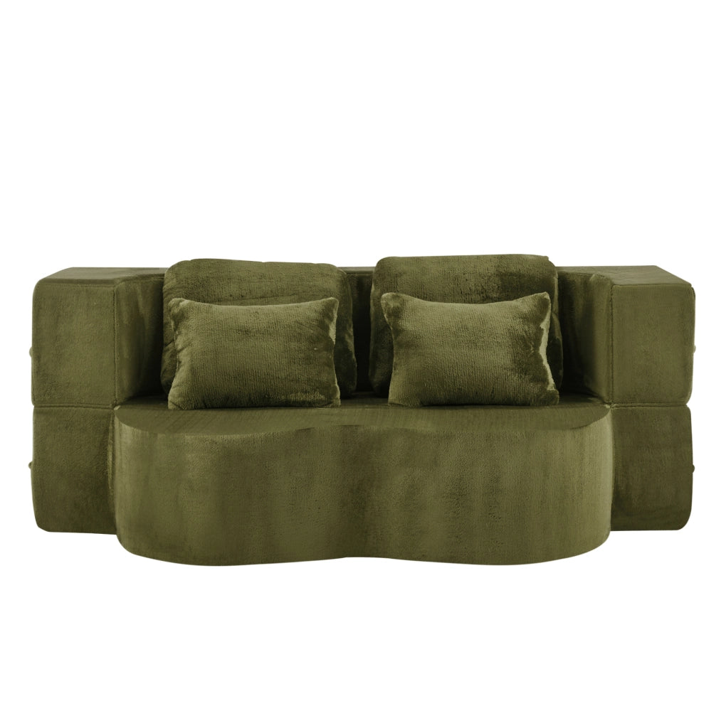 Divano letto pieghevole ULEVR verde con 4 cuscini, futon 2 in 1 in schiuma e molle